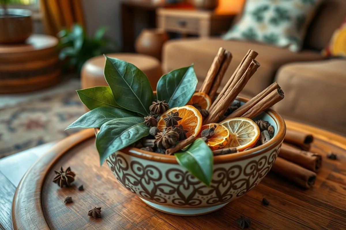 Potpourri com louro, cravo e laranja seca em tigela