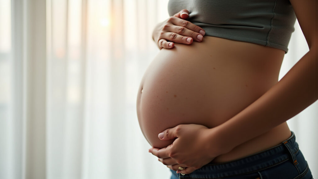 Pregnant woman gently holding her belly, senna tea in background crossed out, focus on safety, soft Chá de sene para grávidas: pode ou não pode?