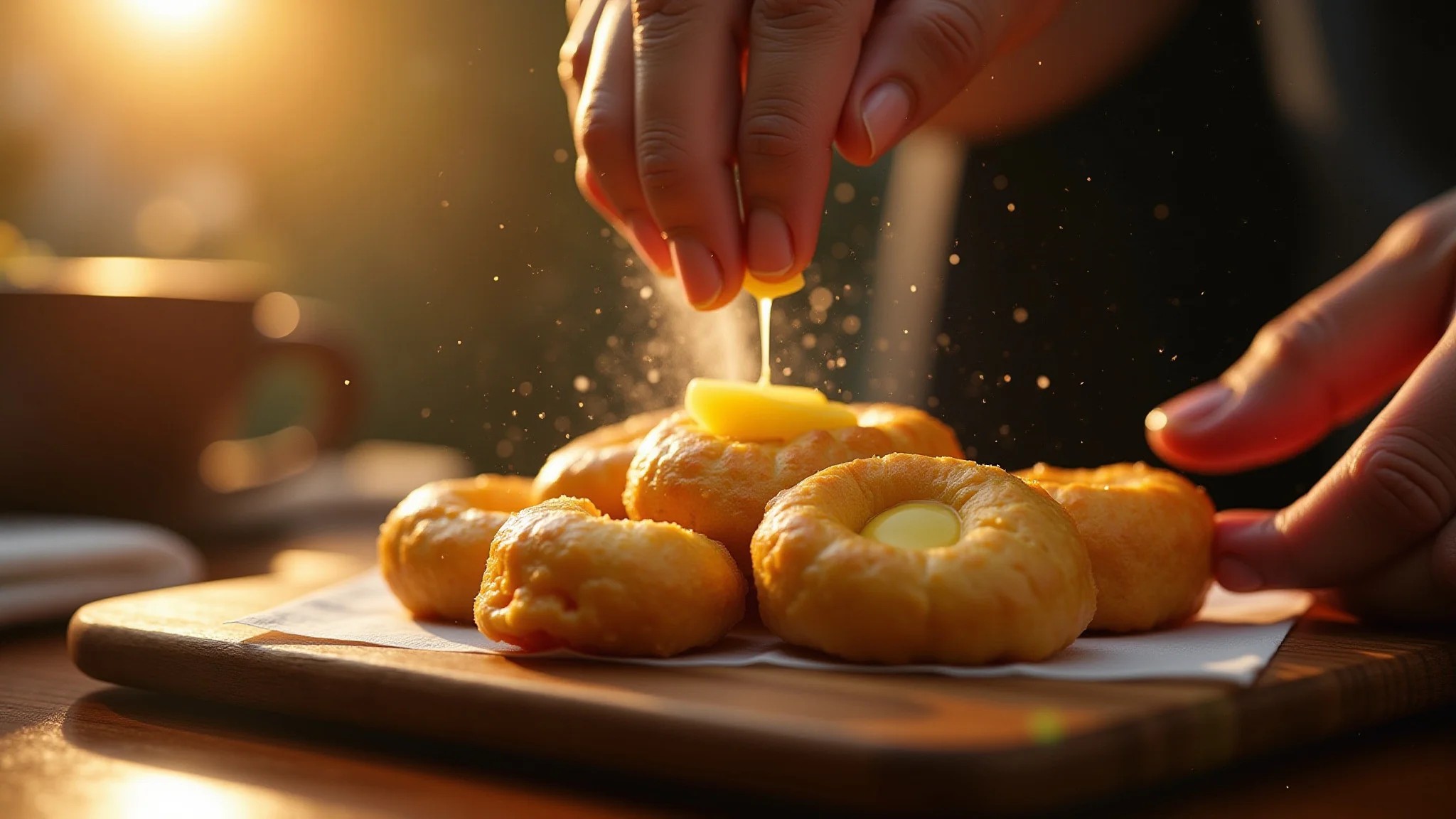 Pão de queijo com manteiga derretida.