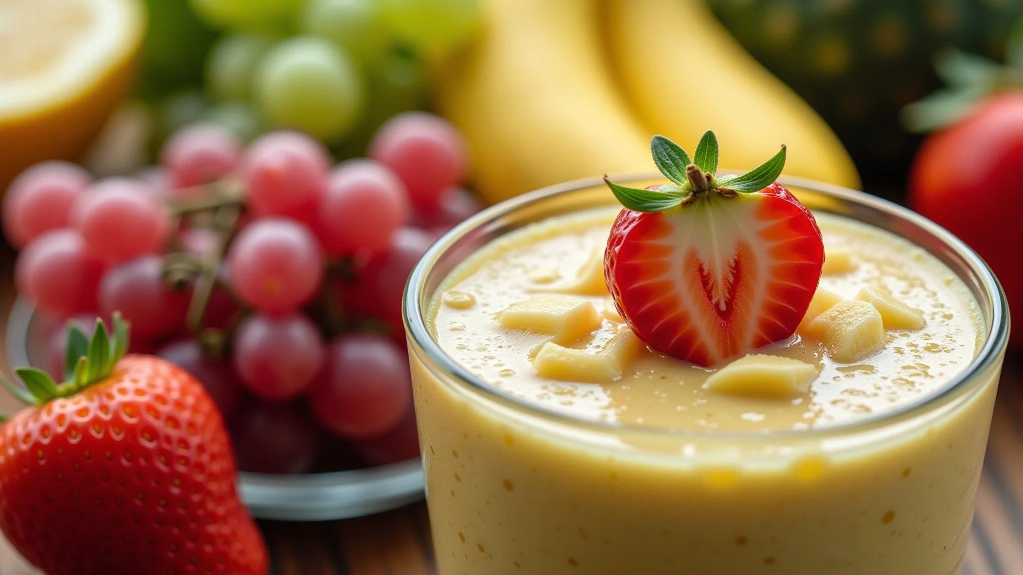 Variedade de frutas e legumes, incluindo banana em um suco ou salada de frutas.
