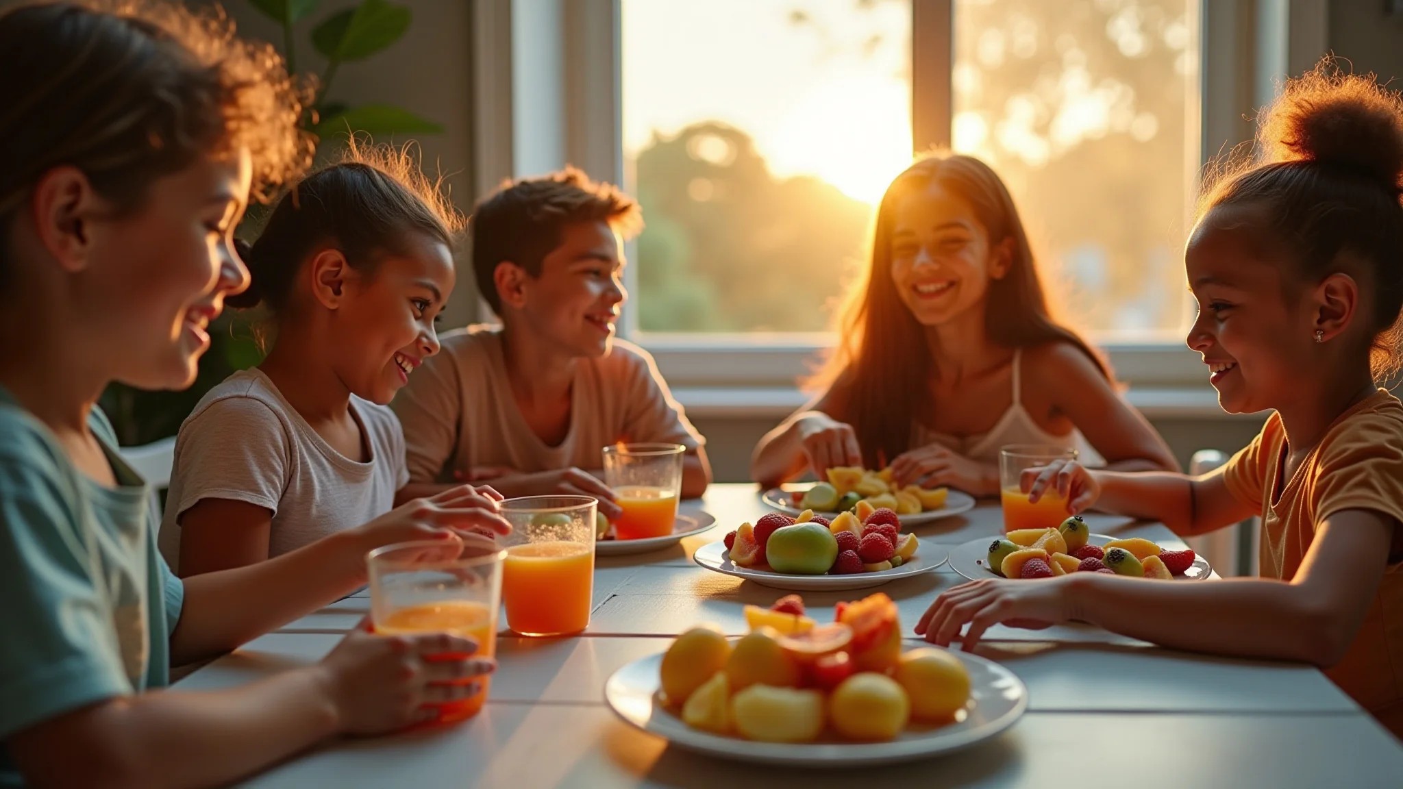 Famílias brasileiras em um café da manhã saudável com frutas.