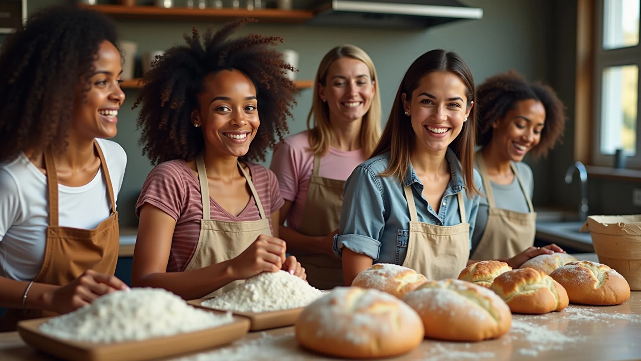 Mulheres brasileiras de diferentes etnias assando pães com diversos tipos de farinha.