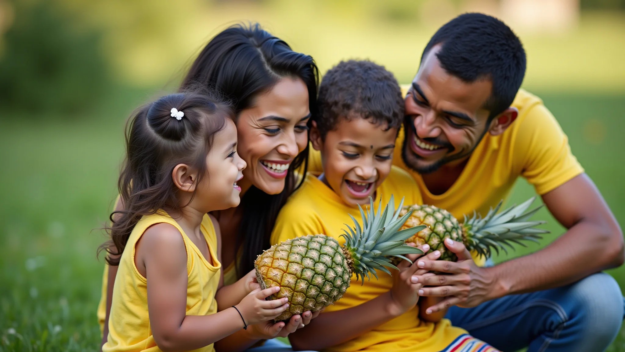 Família brasileira saboreando abacaxi fresco.