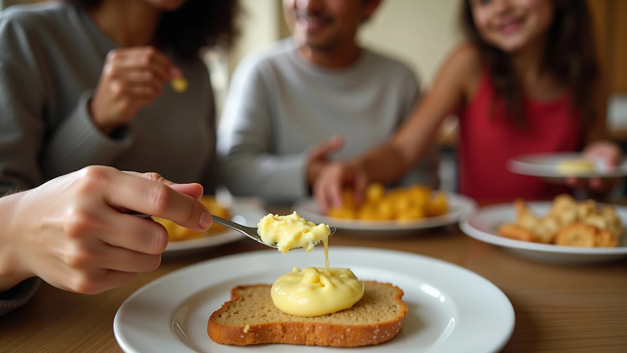 Família brasileira saboreando pão com manteiga.