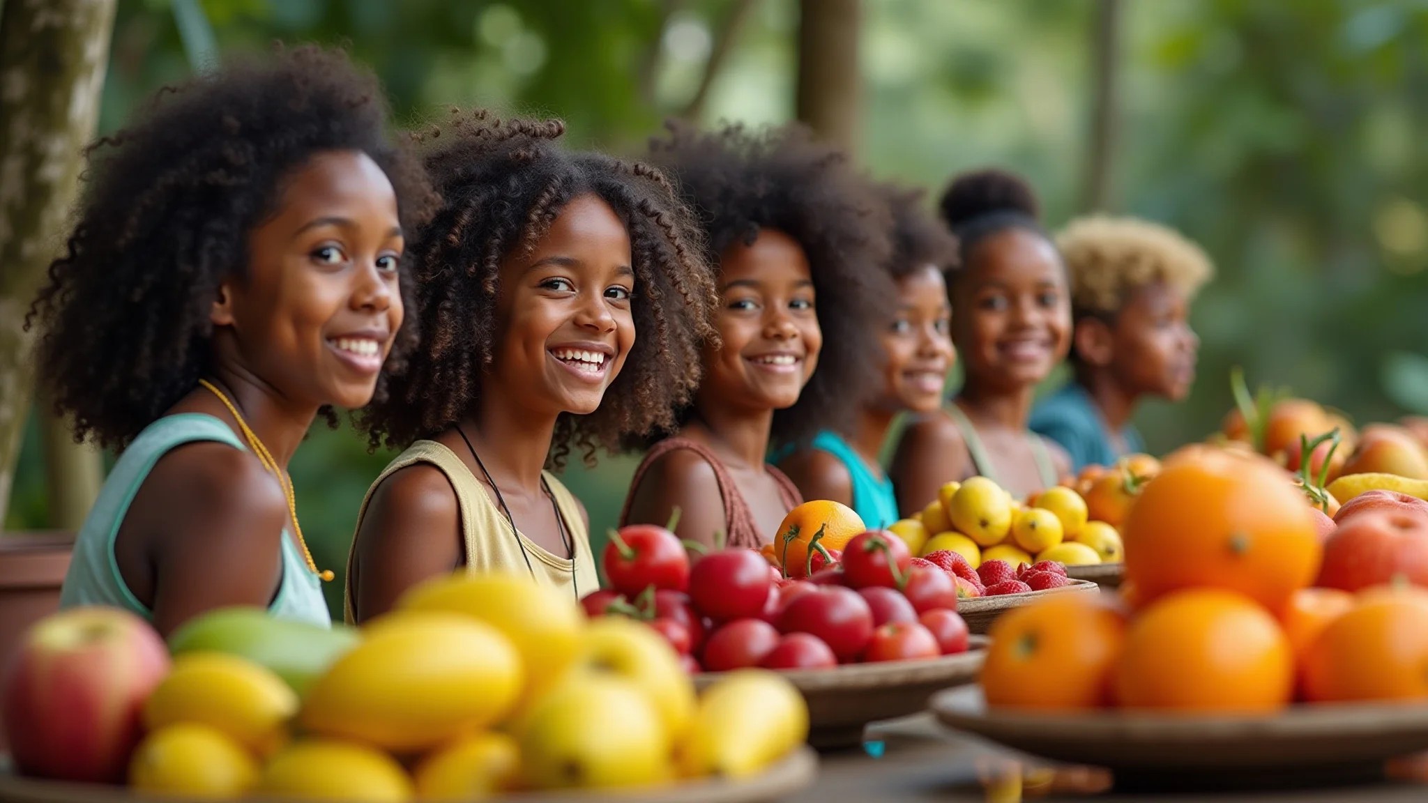 Brasileiros de diferentes etnias desfrutando de frutas variadas.