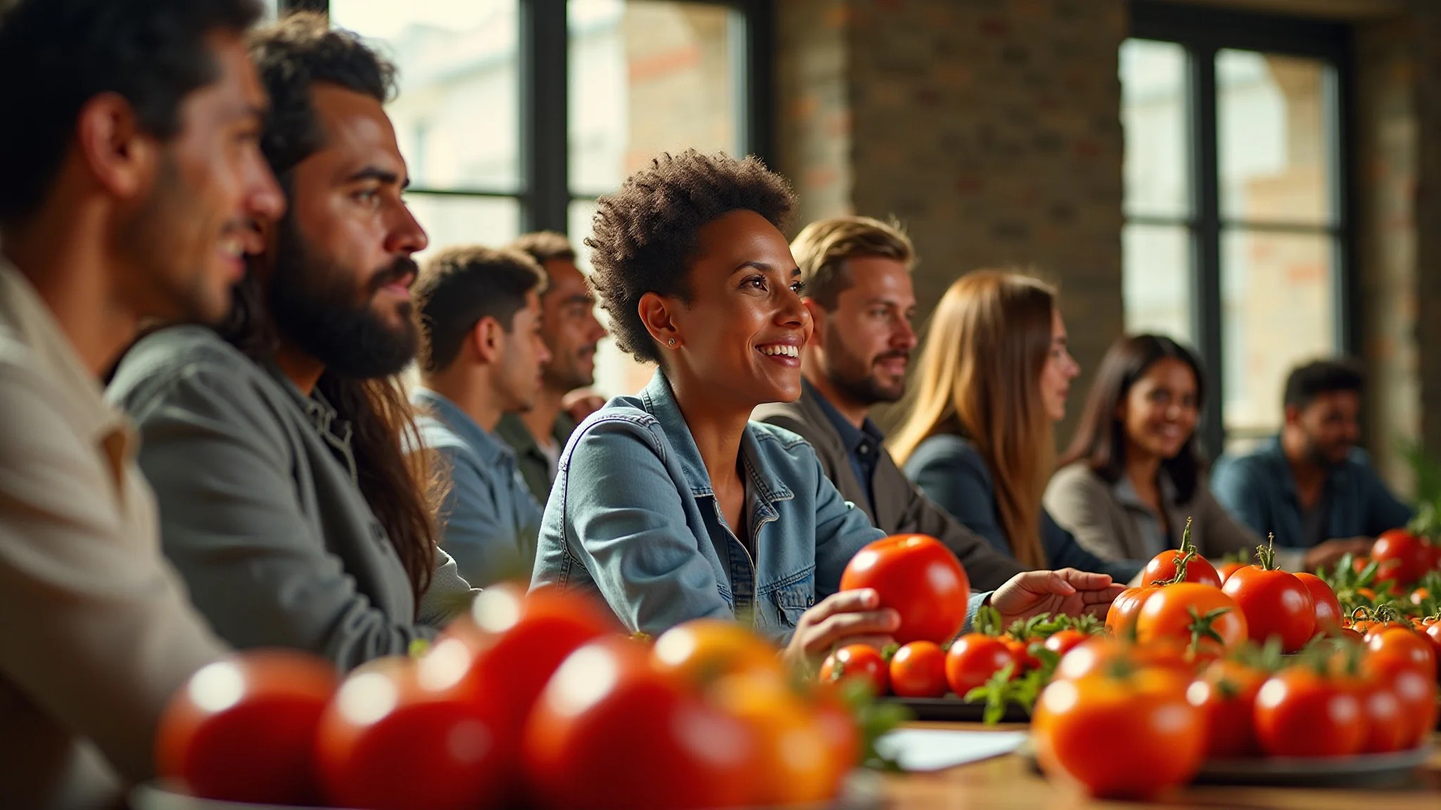 Grupo de brasileiros debatendo se o tomate é fruta ou legume.