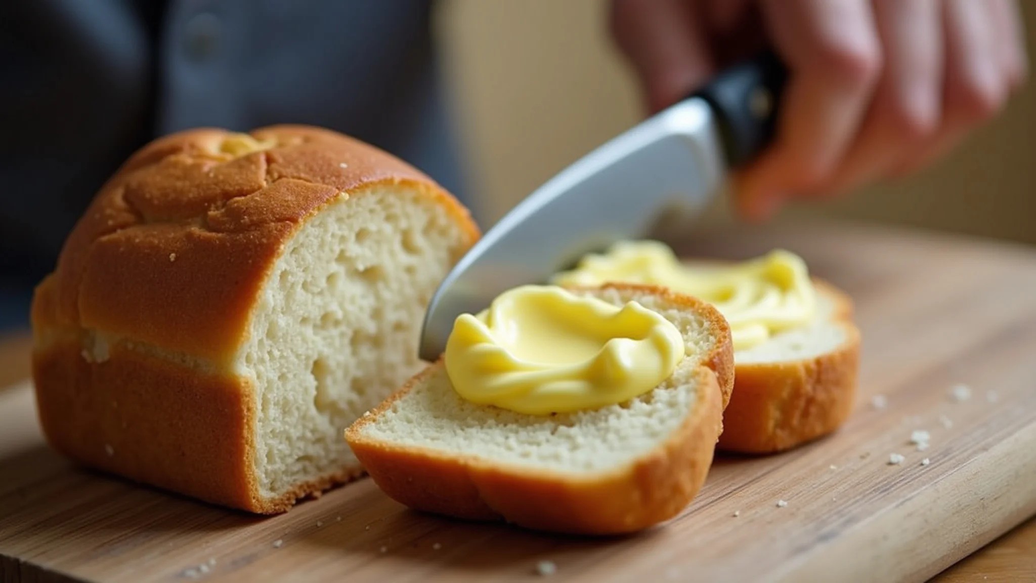Manteiga sendo espalhada em pão.