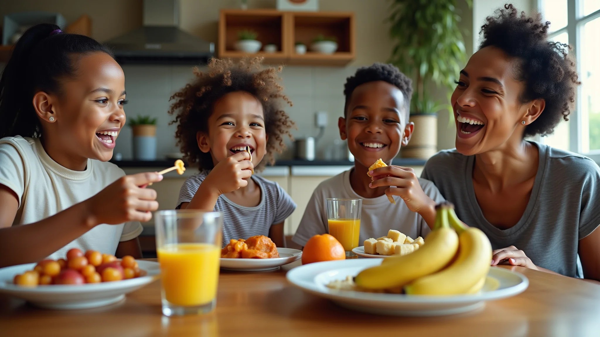 Família brasileira comendo café da manhã saudável e variado, com bananas e outras frutas.