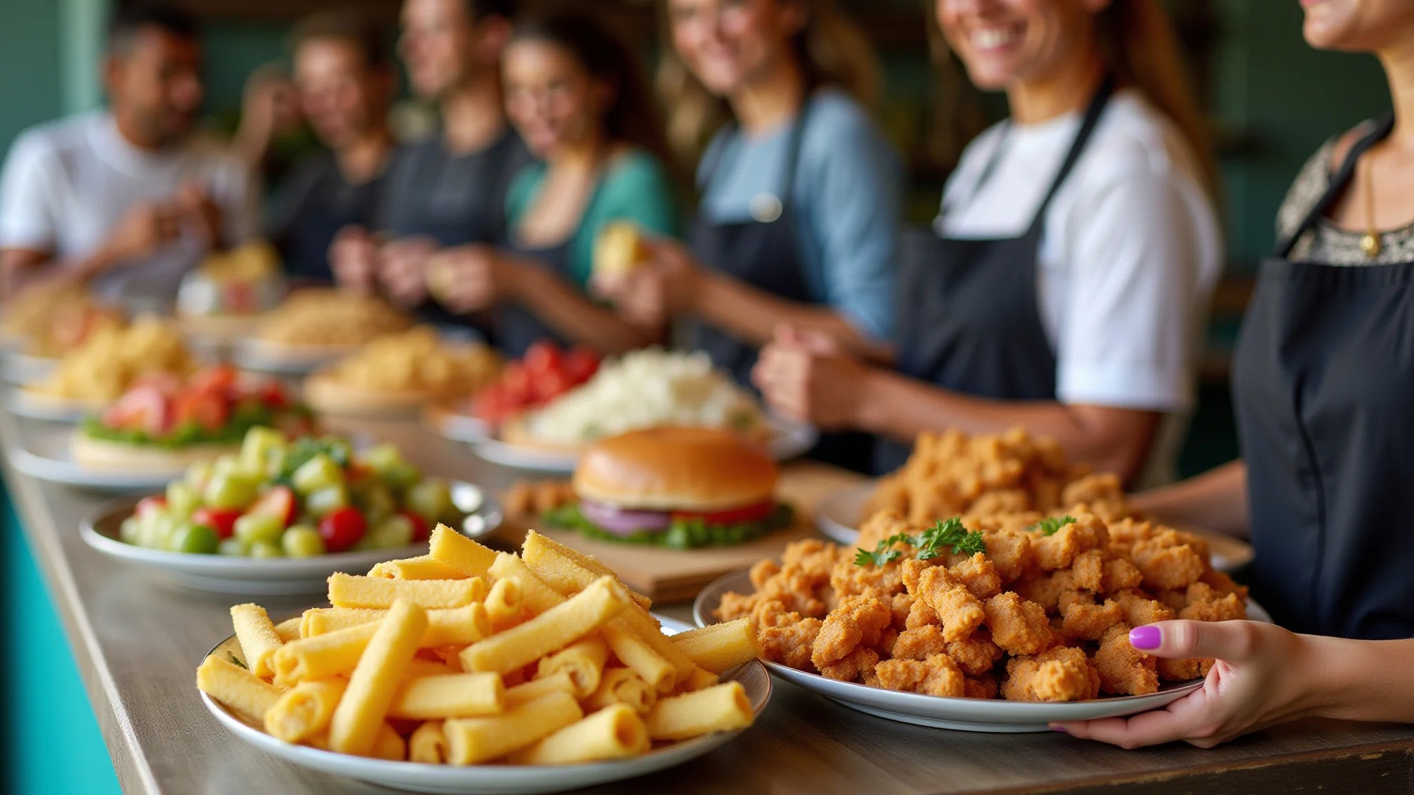 Diversos lanches rápidos e saudáveis brasileiros, pessoas diversas.
