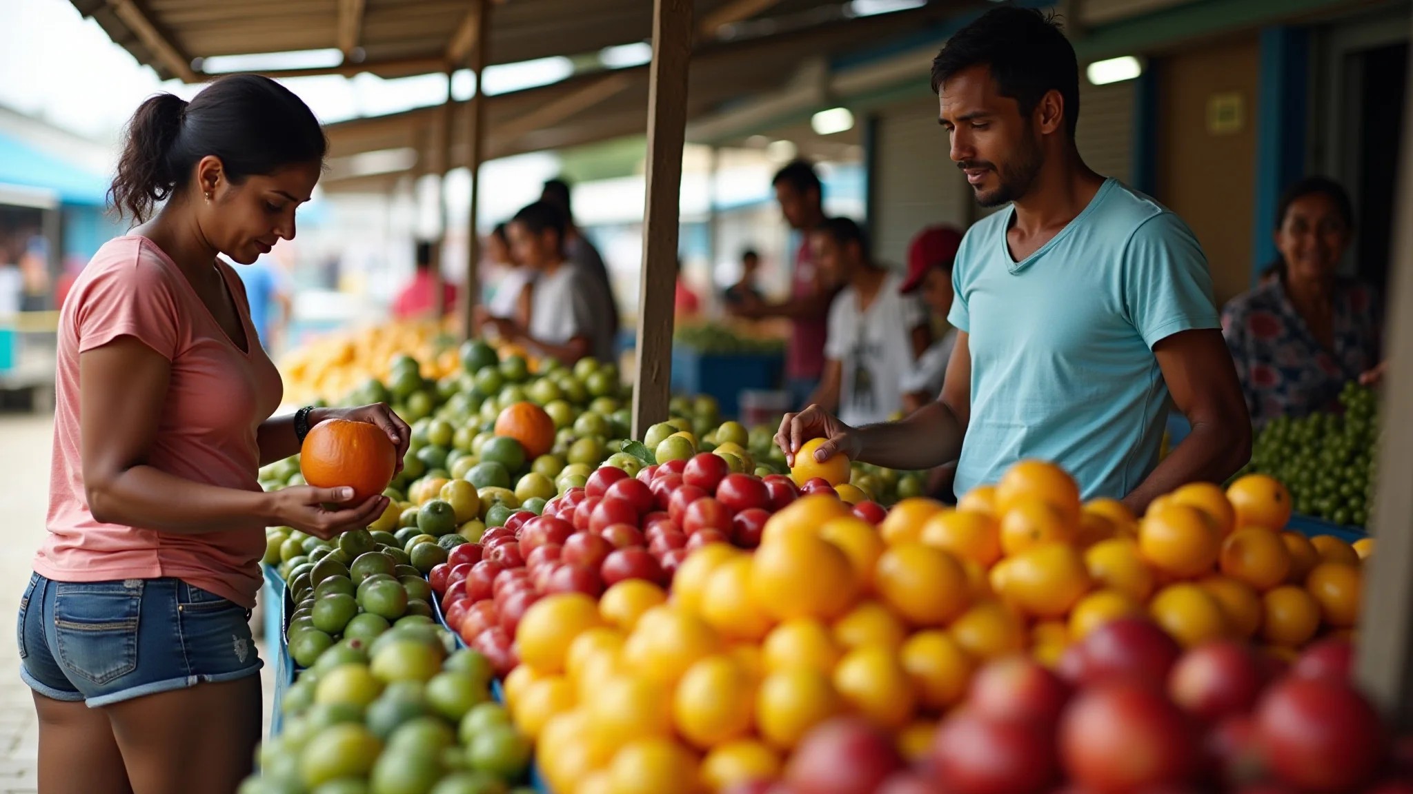 Brasileiros comprando frutas frescas em um mercado local.