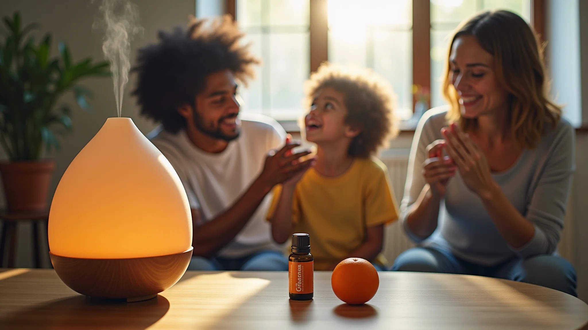 Família brasileira usando óleo essencial de laranja em um difusor.