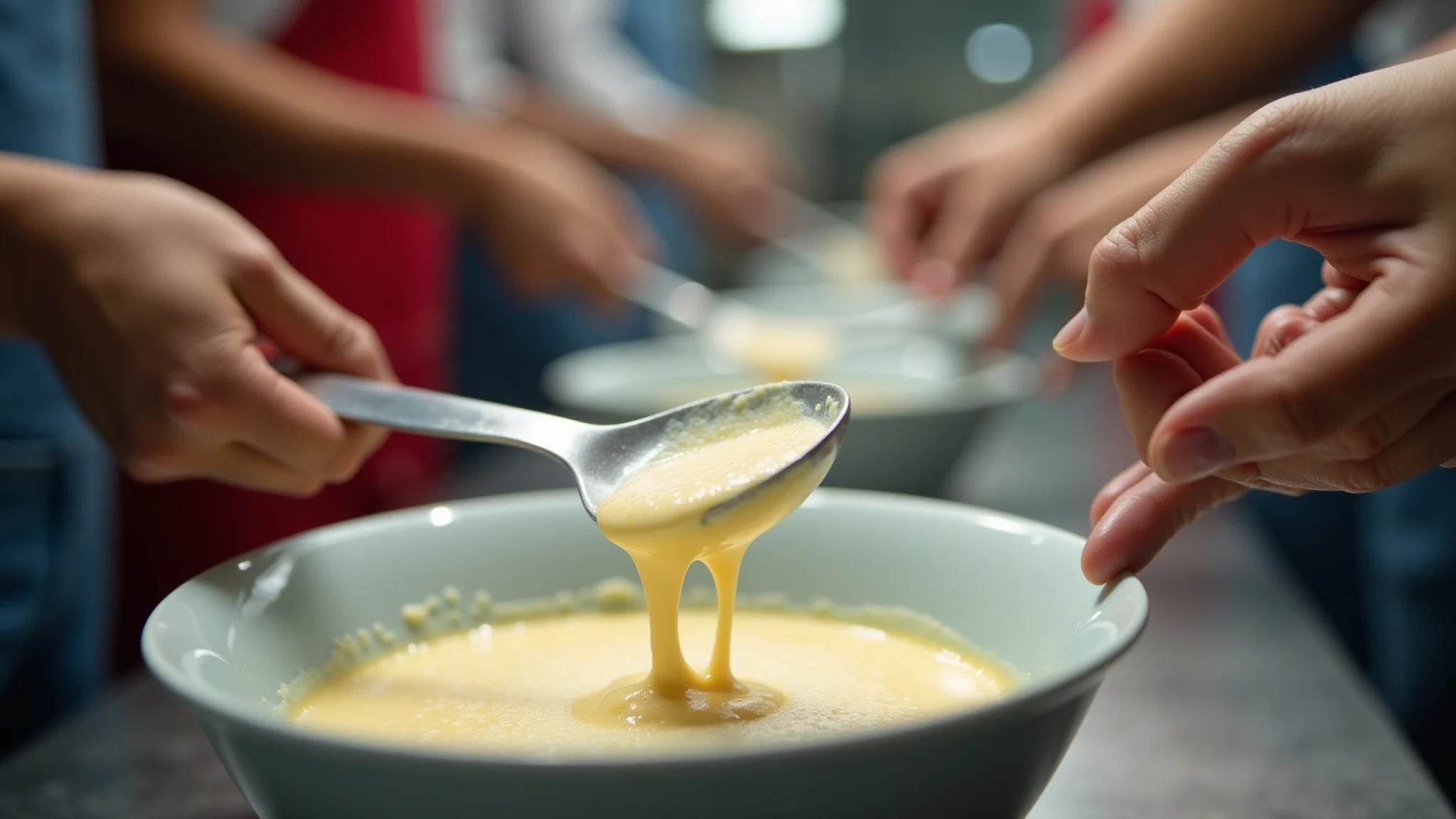 Família brasileira preparando sopa cremosa com leite em pó.