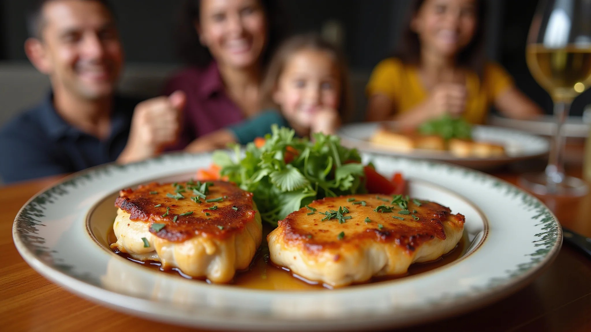 Família brasileira desfrutando de uma refeição com peito de frango perfeitamente cozido, em ambiente aconchegante.