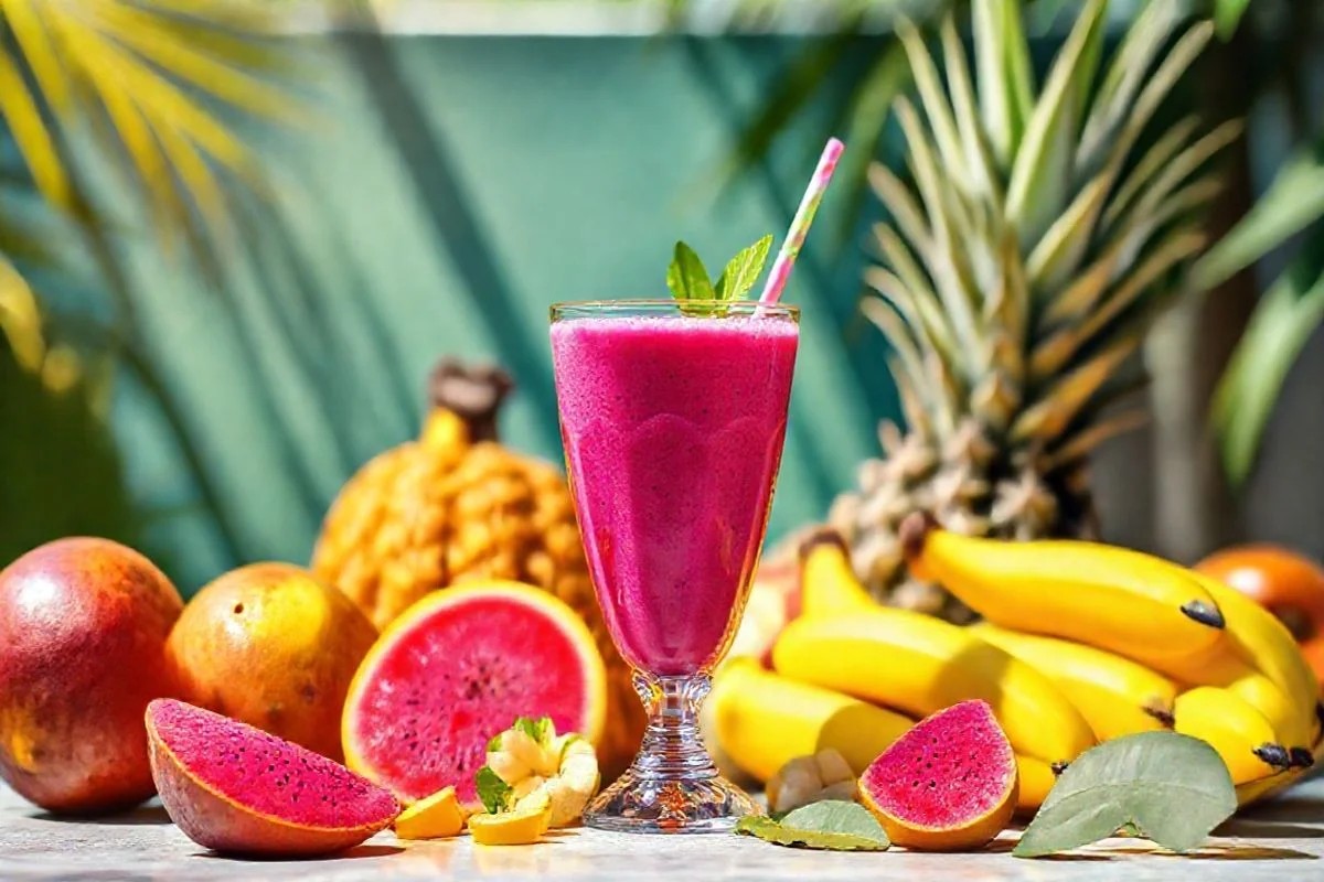 Smoothie de pitaya com frutas tropicais, bebida refrescante.