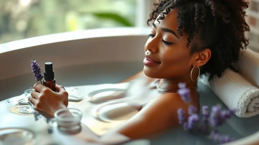 Relaxing scene of a diverse Brazilian woman enjoying a warm oregano bath with lavender essential Mulher relaxando em banho de orégano com óleo essencial.