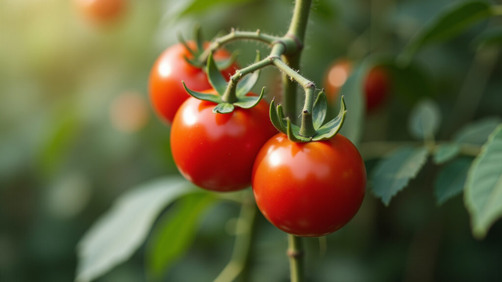 Ripe red tomatoes on a vine, natural lighting, professional photography, 8K quality, sharp focus, Tomates vermelhos, ricos em licopeno para proteger o coração.