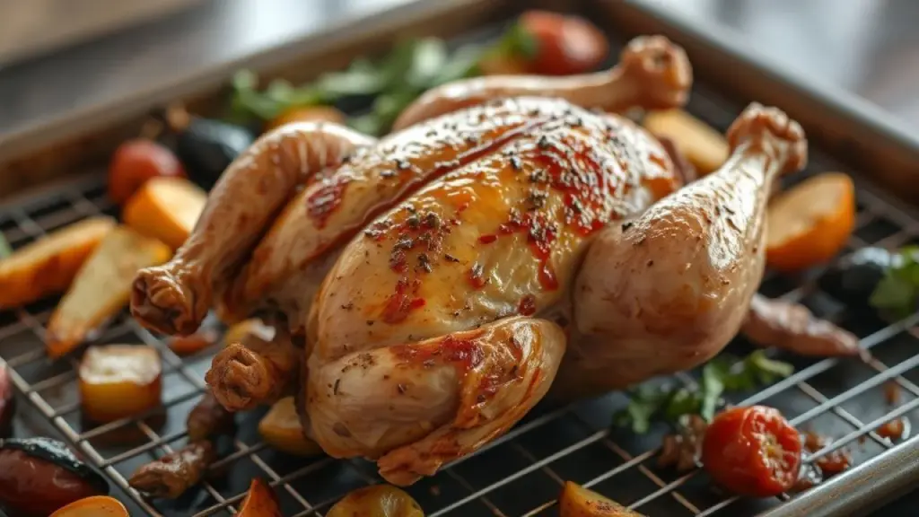 Frango assado descansando em grelha com legumes. Almoço de domingo.