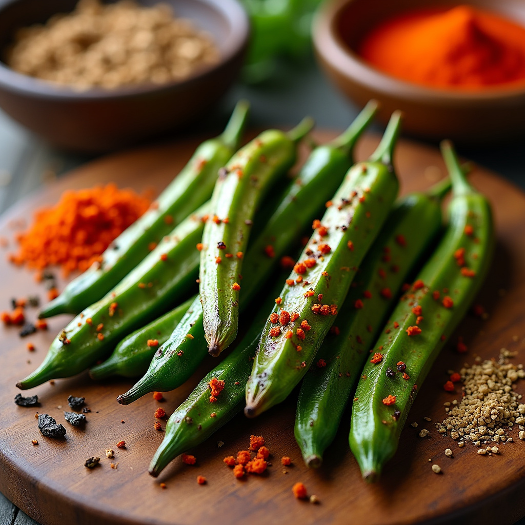Roasted okra with spices, colorful spices, wooden board, vibrant colors, natural light, Quiabo assado com especiarias, acompanhamento aromático.
