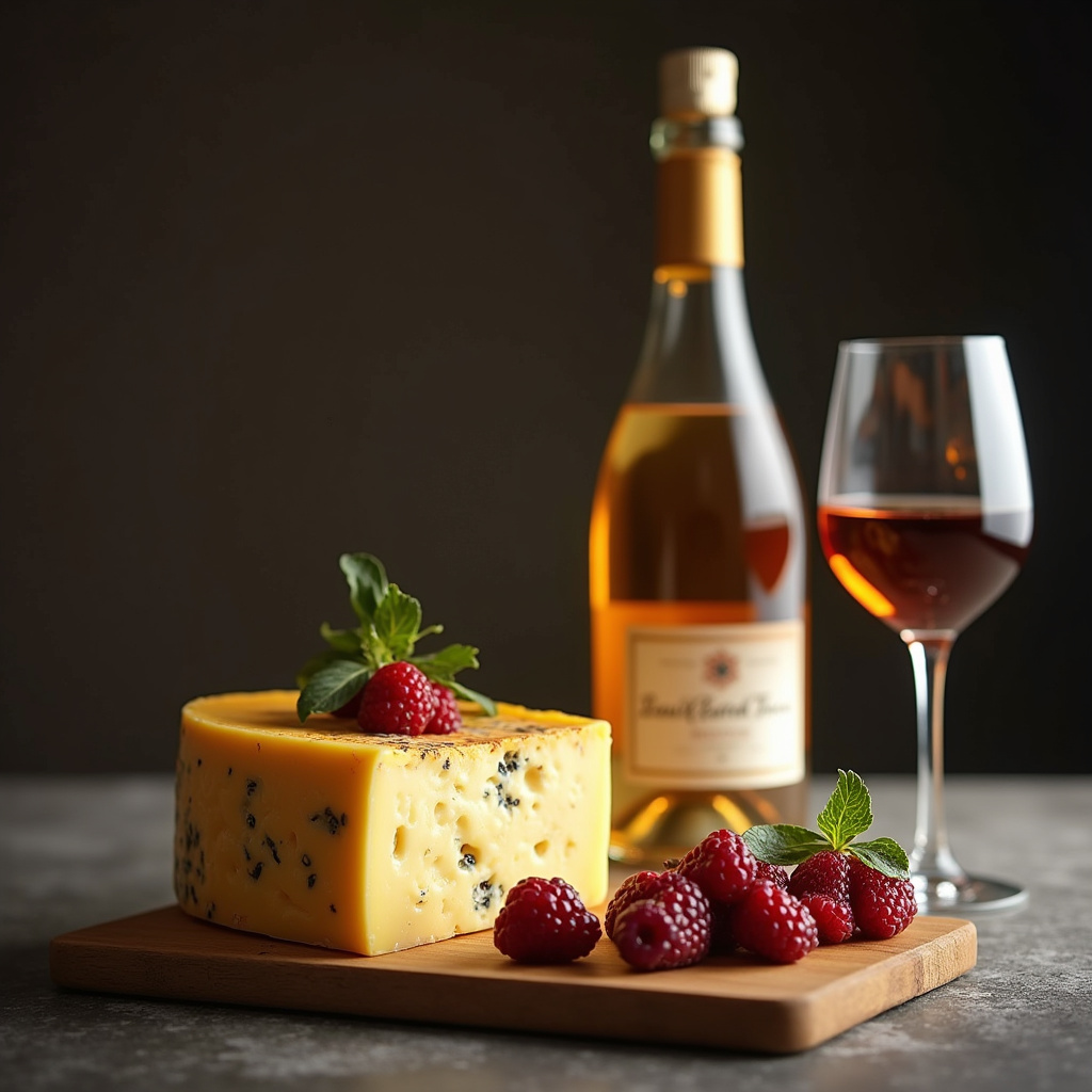 Roquefort cheese and Sauternes wine, gourmet dessert, professional photography, 8K quality, sharp Queijo roquefort com vinho Sauternes.