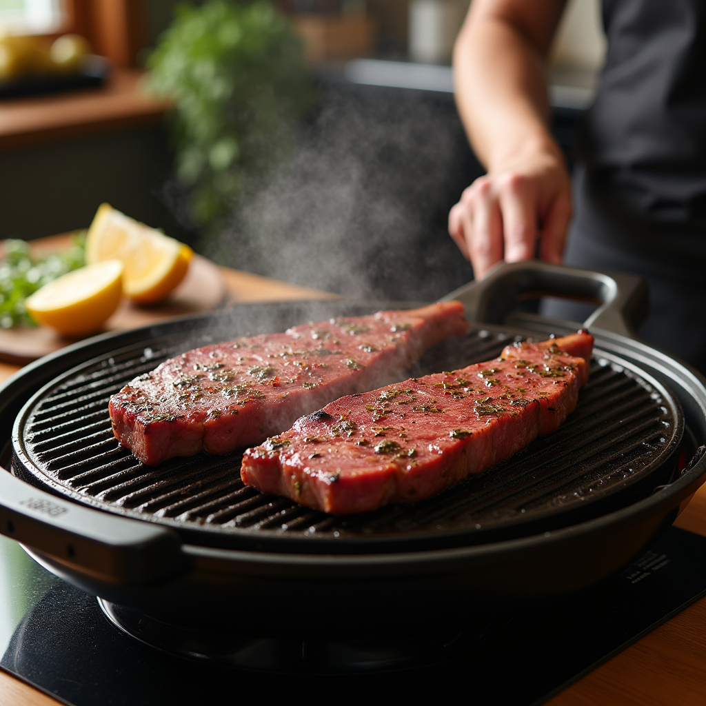 Rotating electric grill, picanha cooking evenly, Brazilian kitchen, natural light, 8K, lifestyle Churrasqueira elétrica giratória para um churrasco perfeito.