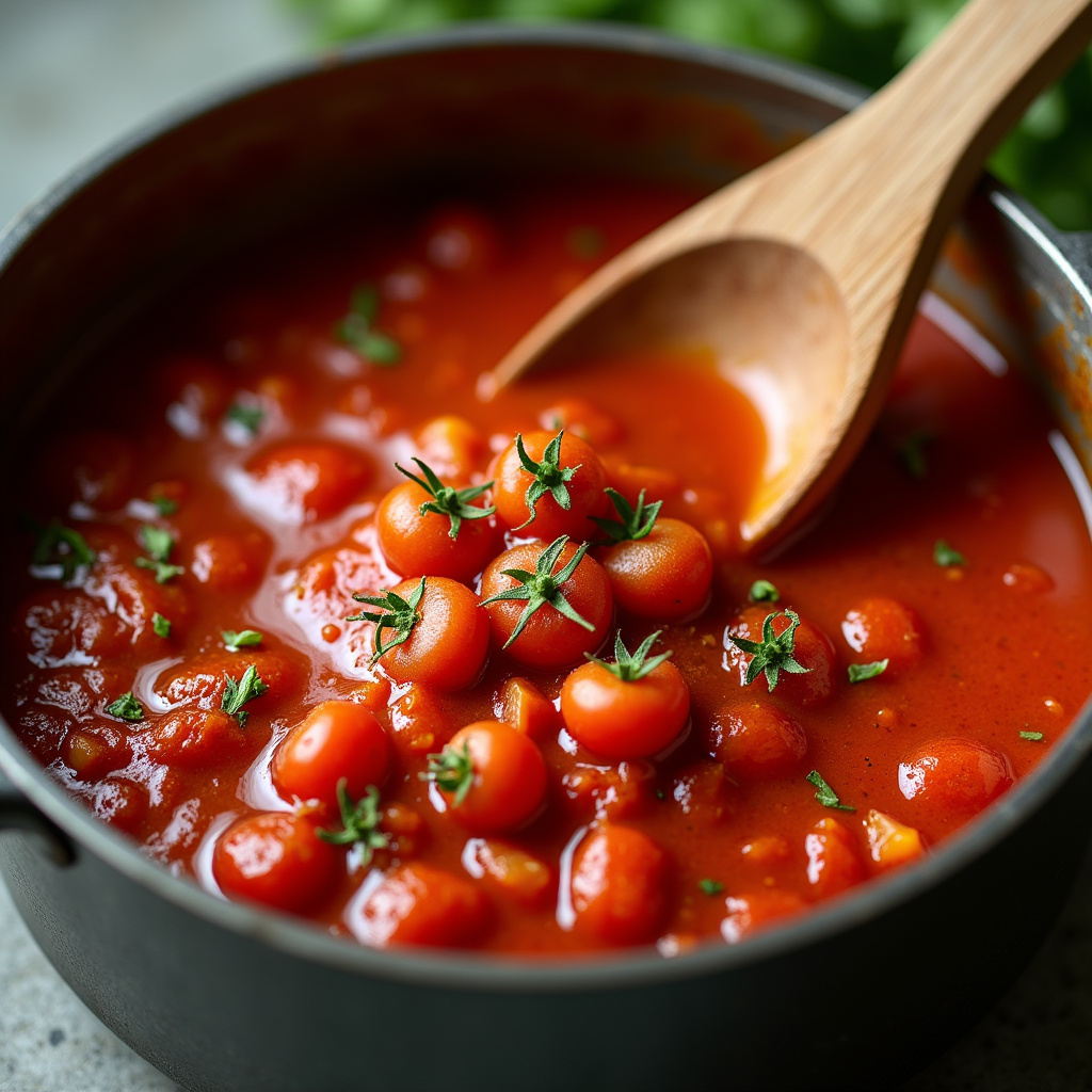 Rustic homemade tomato sauce with tomato chunks, herbs, wooden spoon, natural light, 8K quality, Molho de tomate rústico com pedaços