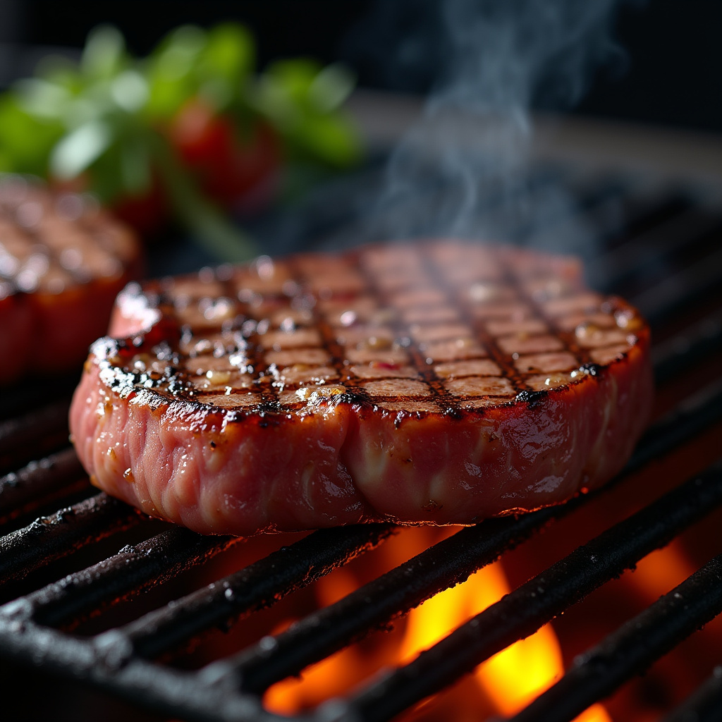 Searing picanha steak on hot grill, creating crust, professional photography, 8K quality, sharp Selando picanha na grelha quente.