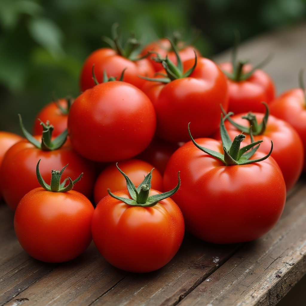 Selection of ripe, red tomatoes (San Marzano, Carmem, Débora) on a rustic wooden table, natural Tomates maduros para molho caseiro