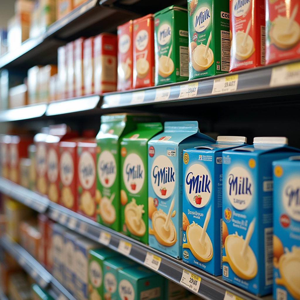 Shelves with different brands of evaporated milk, supermarket setting, natural lighting, 8K Onde comprar leite evaporado.