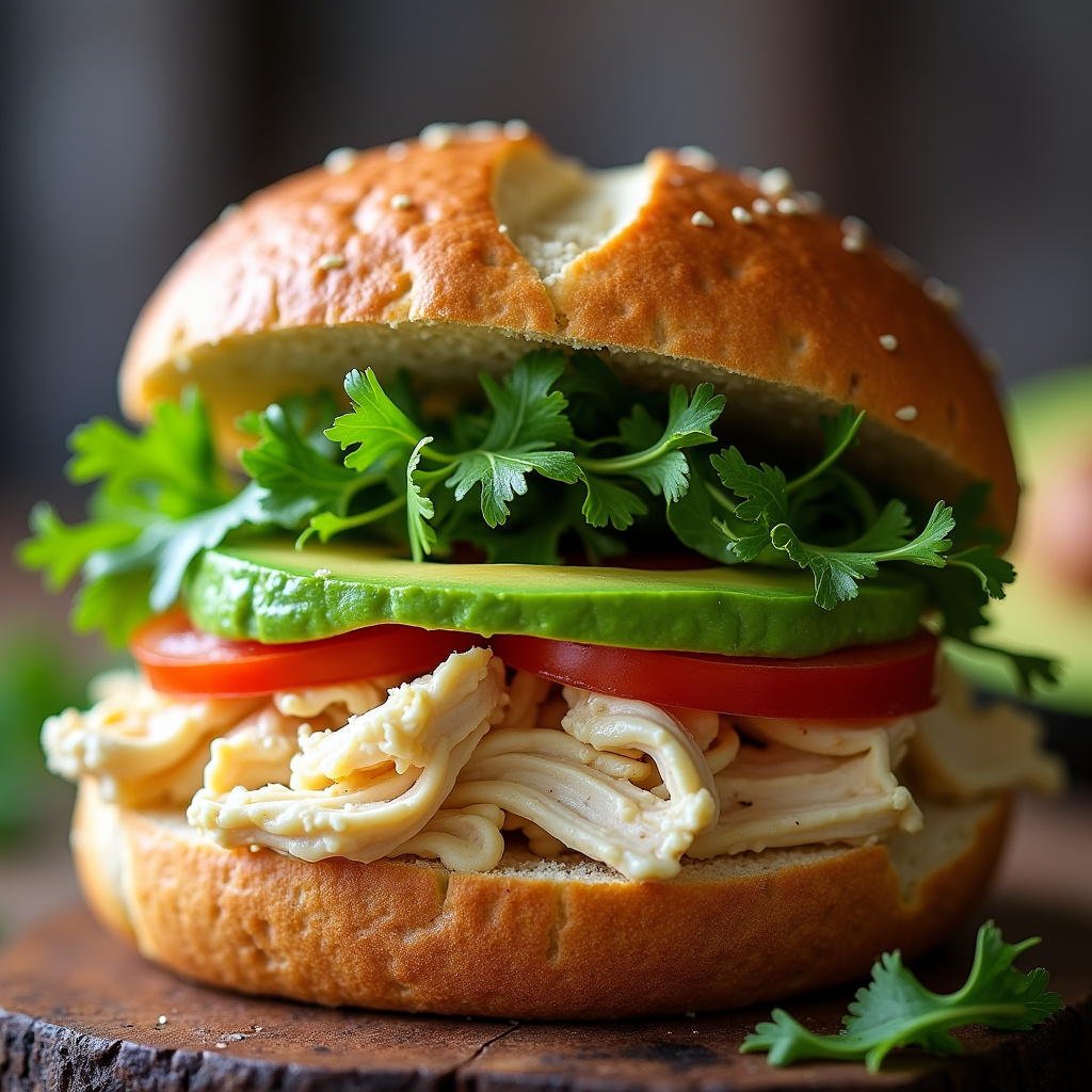 Shredded chicken sandwich with avocado mayonnaise and arugula, whole grain bread, professional Sanduíche gourmet de frango desfiado com maionese de abacate e rúcula.