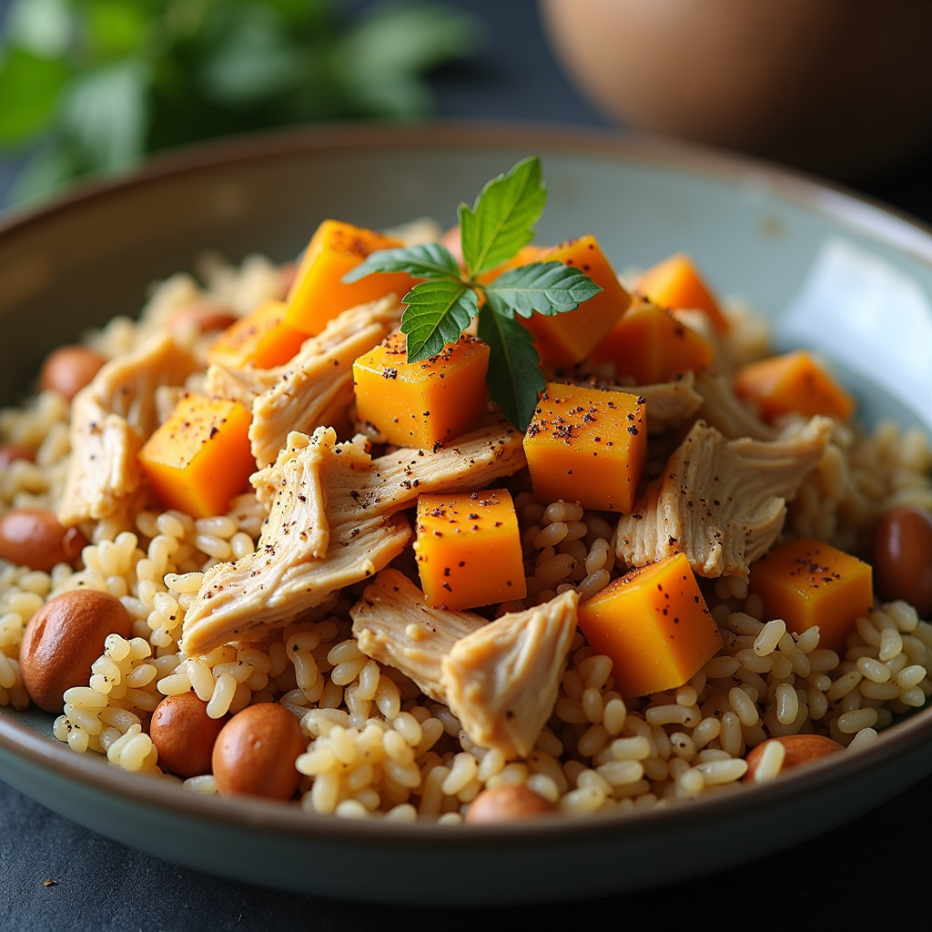 Shredded chicken with butternut squash and spices, served with brown rice and nuts, professional Frango desfiado com abóbora cabotiá e especiarias.