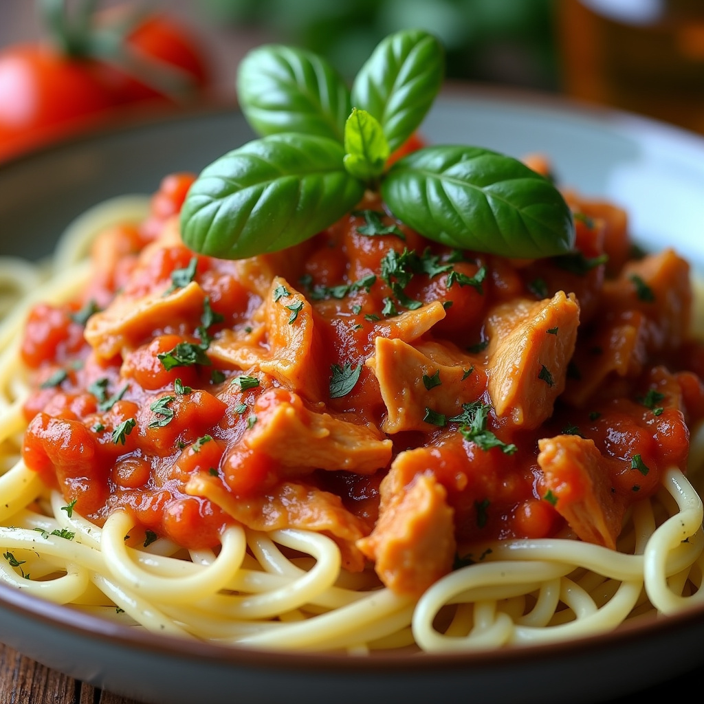 Shredded chicken with homemade tomato sauce and basil, served with pasta, professional photography, Frango desfiado com molho de tomate caseiro e manjericão.