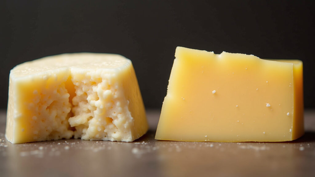 Side-by-side comparison of Pecorino and Parmesan, professional photography, 8K quality, sharp Comparação entre queijos Pecorino e Parmesão.
