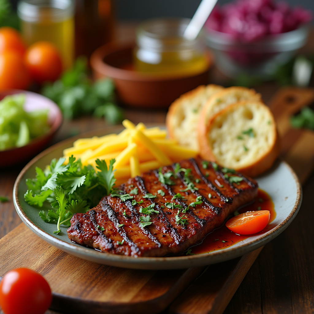 Side dishes for barbecue, salad, vinaigrette, garlic bread, Brazilian style, 8k, commercial Acompanhamentos deliciosos para churrasco sem fumaça.