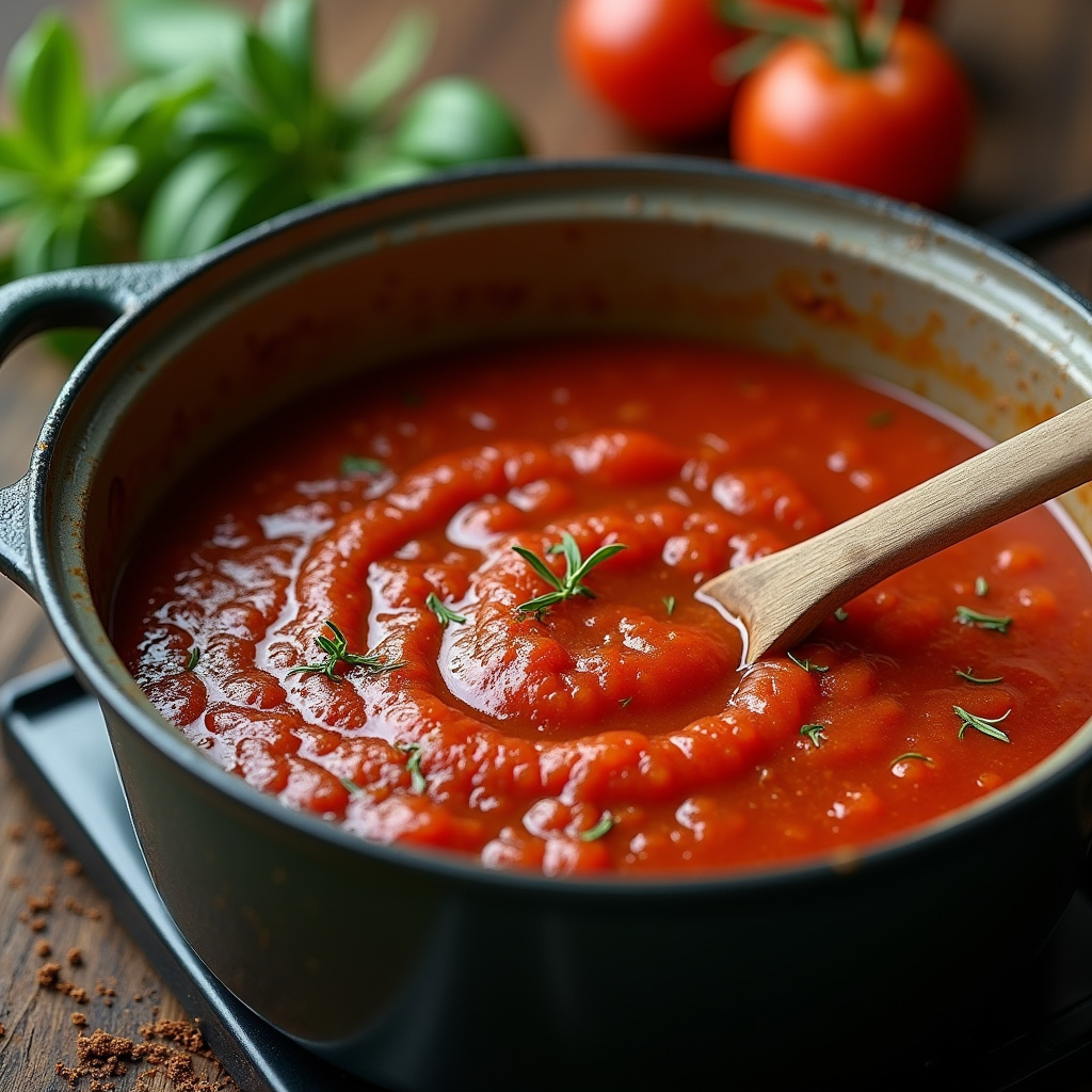 Simmering homemade tomato sauce on stove, herbs, spices, rustic pot, natural light, 8K quality, Molho de tomate caseiro cozinhando