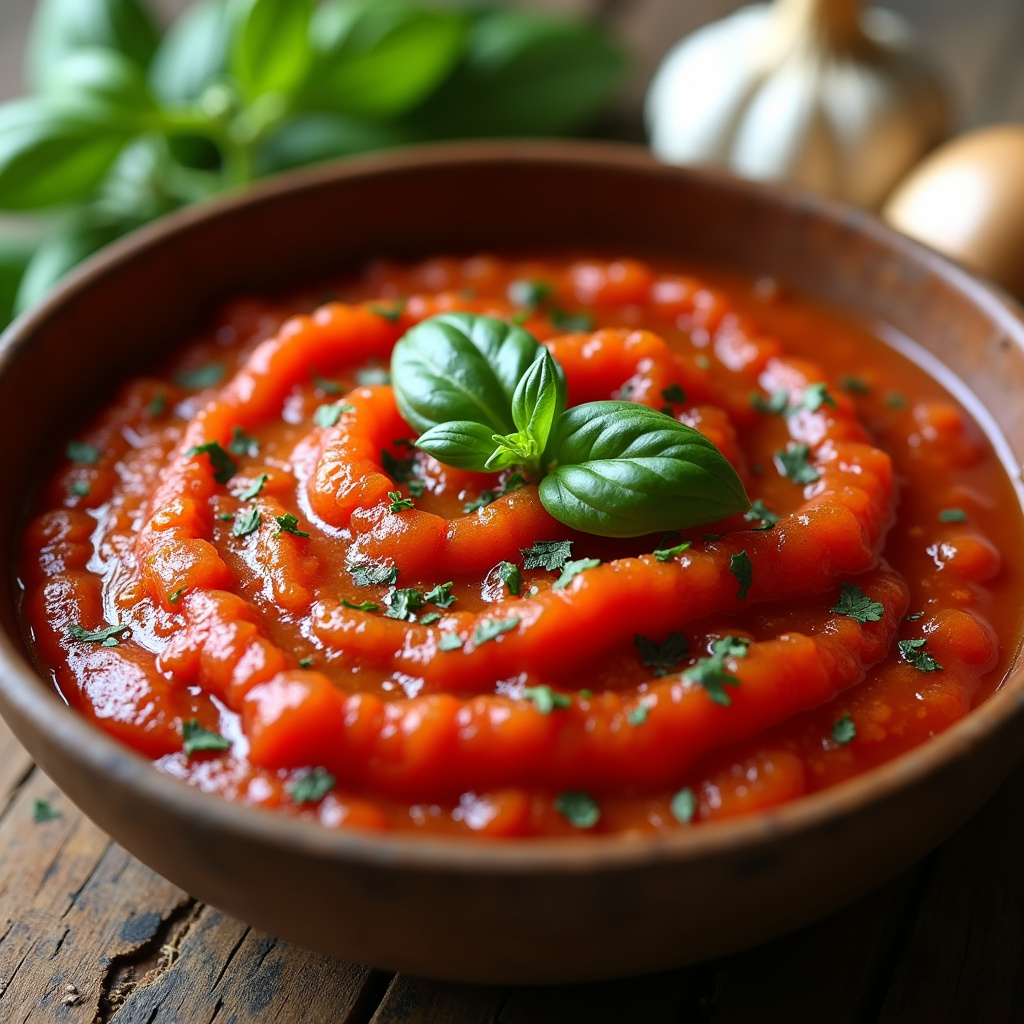 Simple homemade tomato sauce with garlic, onion, basil, oregano, rustic bowl, natural light, 8K Molho de tomate simples em tigela