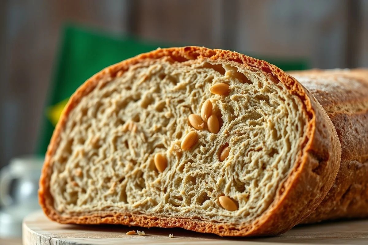 Fatia de pão integral mostrando os grãos e a textura.