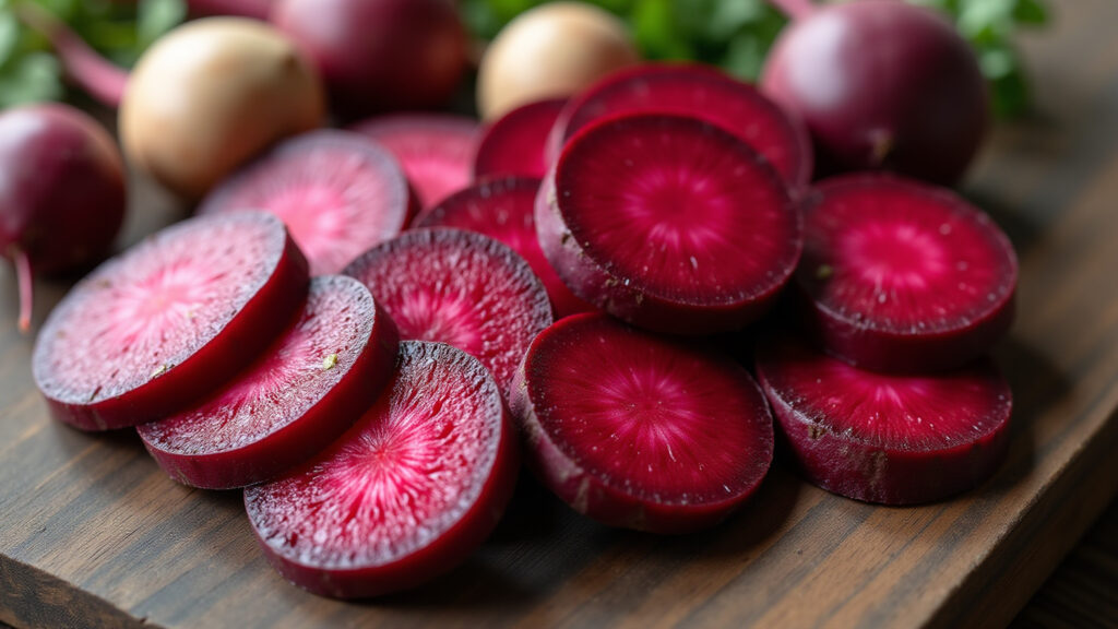 Sliced beetroots, vibrant color, natural lighting, professional photography, 8K quality, sharp Beterrabas fatiadas, nitrato para melhorar a circulação sanguínea.