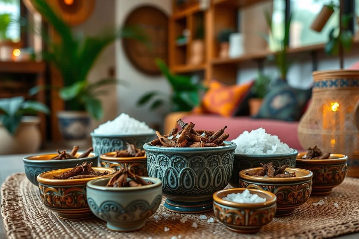 Potes com cravo e sal grosso para proteção, decoração brasileira