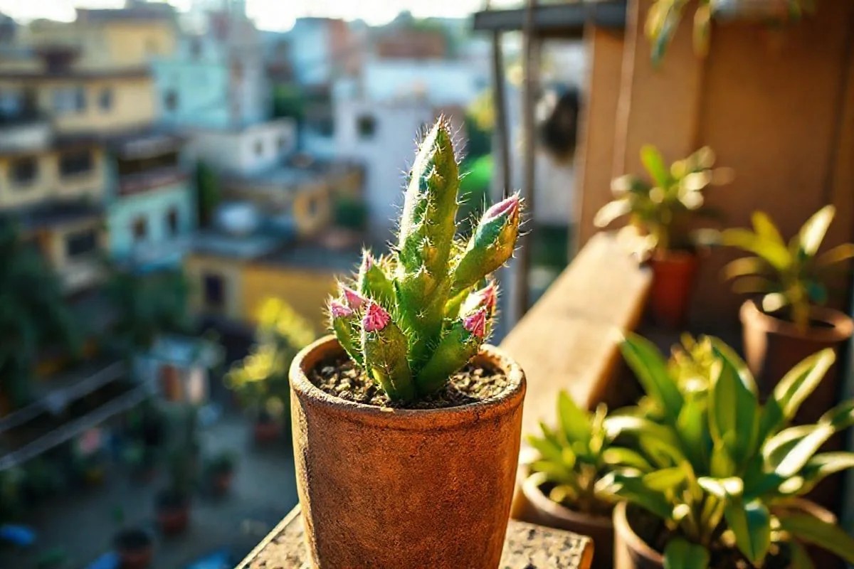 Planta de pitaya crescendo em vaso em varanda brasileira.