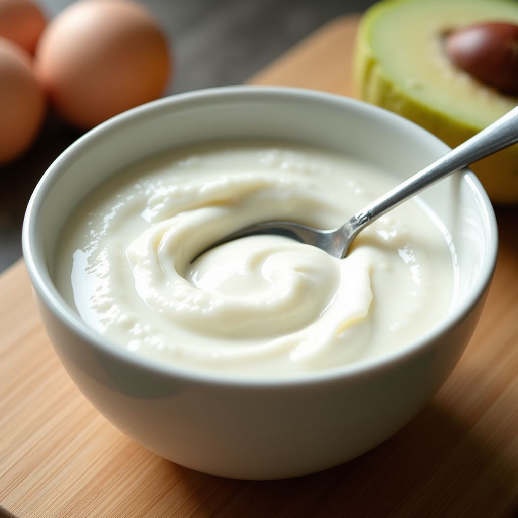 Small portion of natural yogurt in a bowl, with a spoon. 8k quality, sharp focus, natural lighting, Pequena porção de iogurte natural.