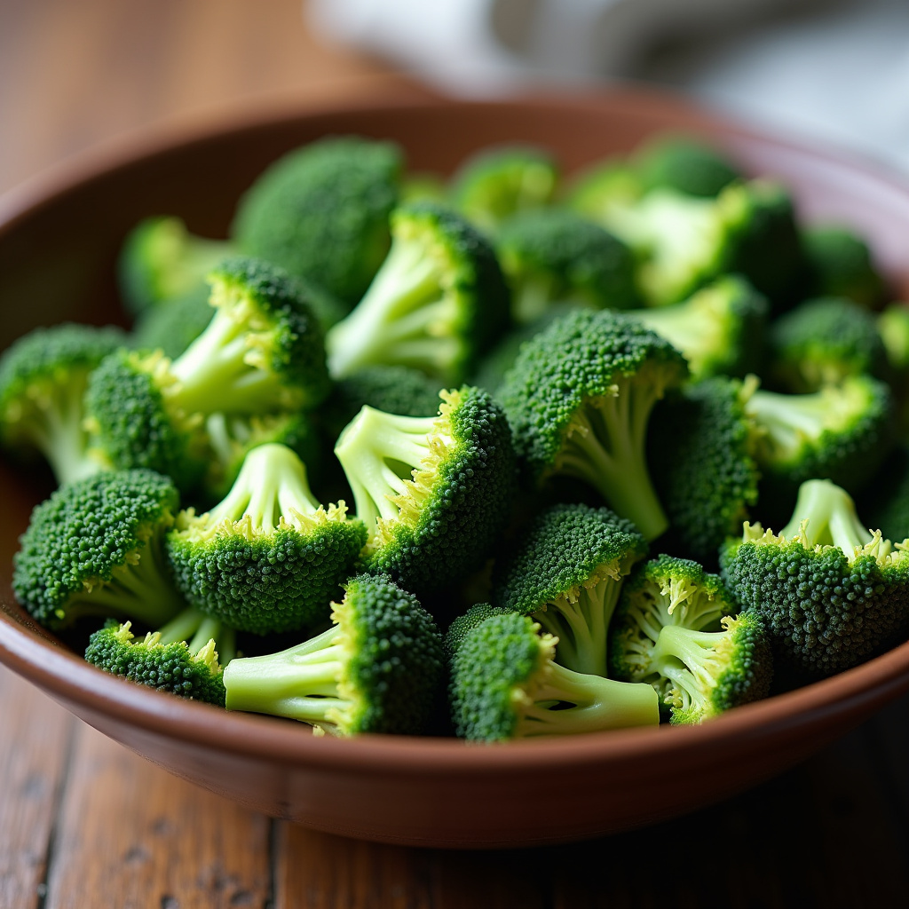 Small, tender broccoli florets in a salad bowl. Professional photography, 8K quality, sharp focus, Brócolis pequeno em uma salada.
