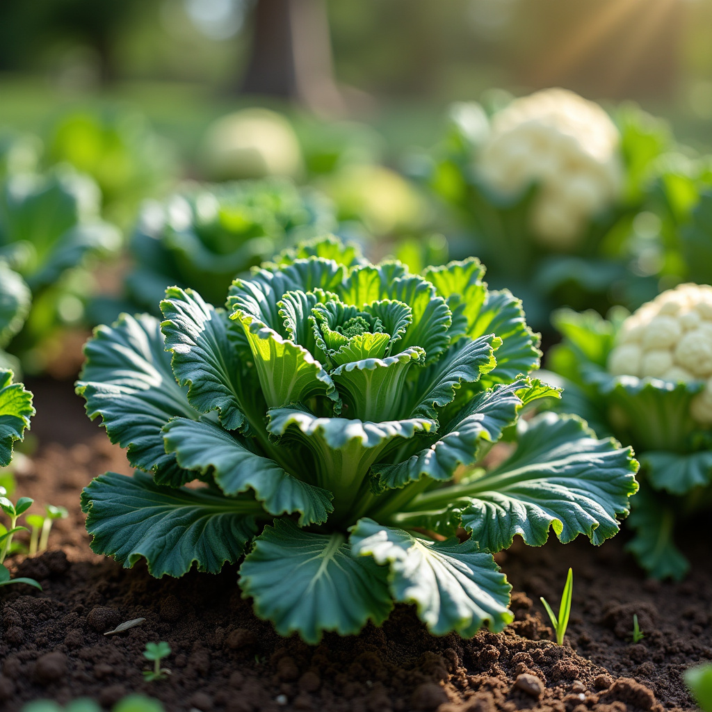 Small vegetable garden, kale and cauliflower growing, sunny day, organic farming, professional Couve e couve-flor cultivadas em casa