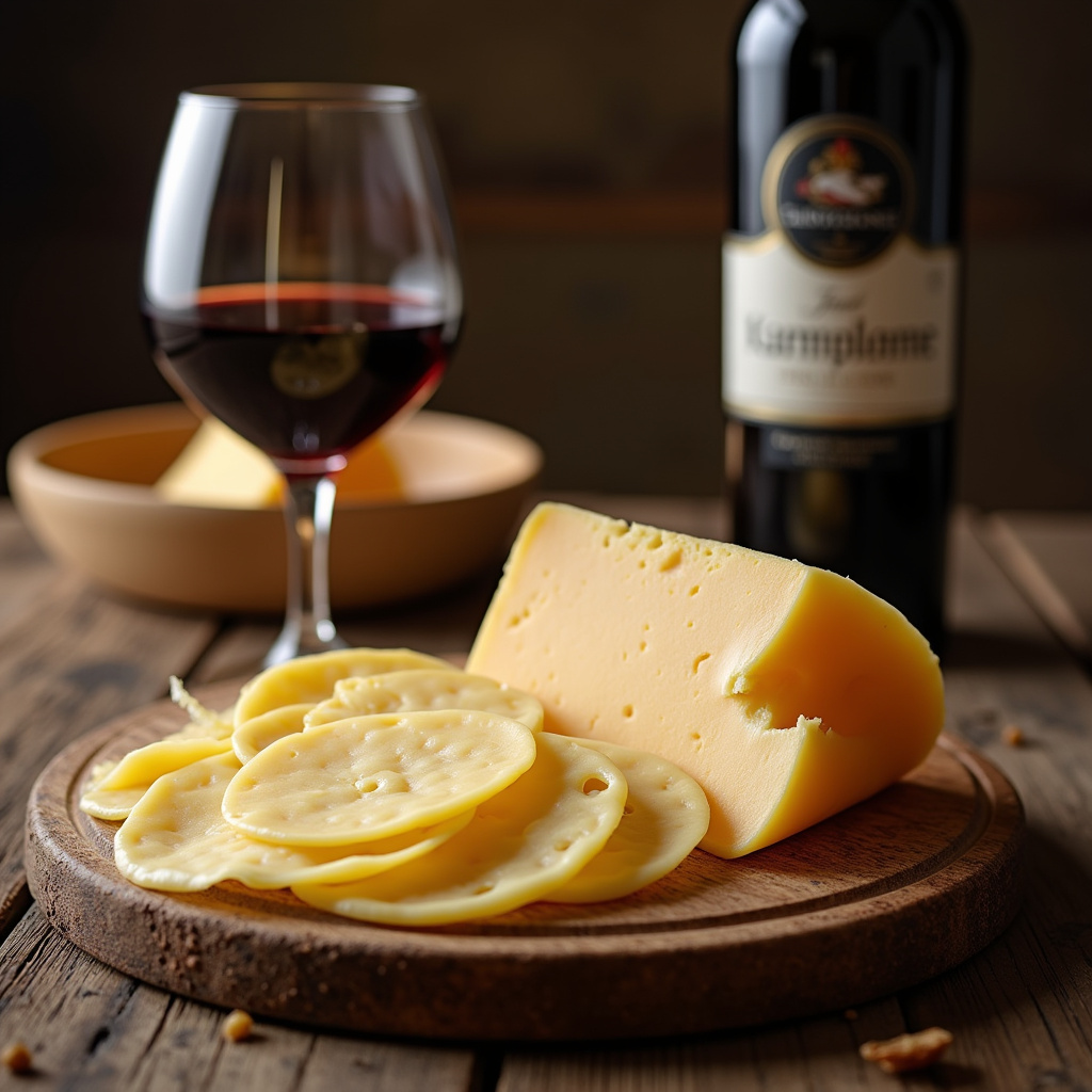 Smoked provolone cheese and Carmenere wine, cheese board, professional photography, 8K quality, Queijo provolone defumado e vinho Carmenère.
