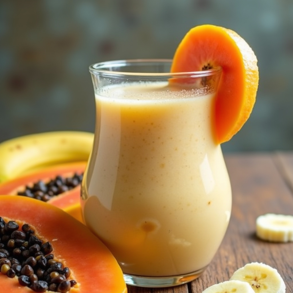 Smoothie made with yogurt, banana, and papaya in a glass. Brazilian style, 8k quality, sharp focus, Smoothie de iogurte, banana e mamão.