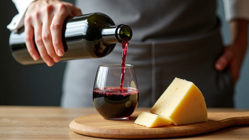 Sommelier pouring red wine alongside Pecorino Romano, professional photography, 8K quality, sharp Sommelier servindo vinho tinto com queijo Pecorino Romano.