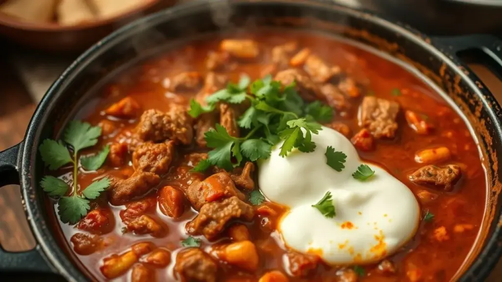 Spicy chili con carne simmering in a cast iron pot, garnished with fresh cilantro and a dollop of Chili com carne picante e coentro fresco em panela de ferro