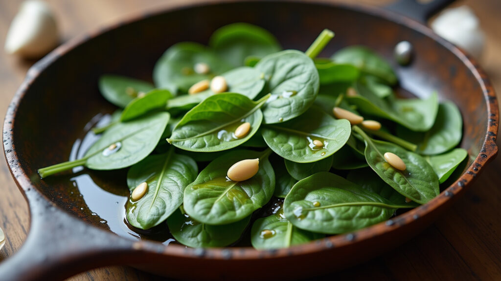 Spinach leaves glistening with olive oil and garlic in a rustic pan, natural lighting, professional Espinafre refogado com alho e azeite, um aliado do coração.
