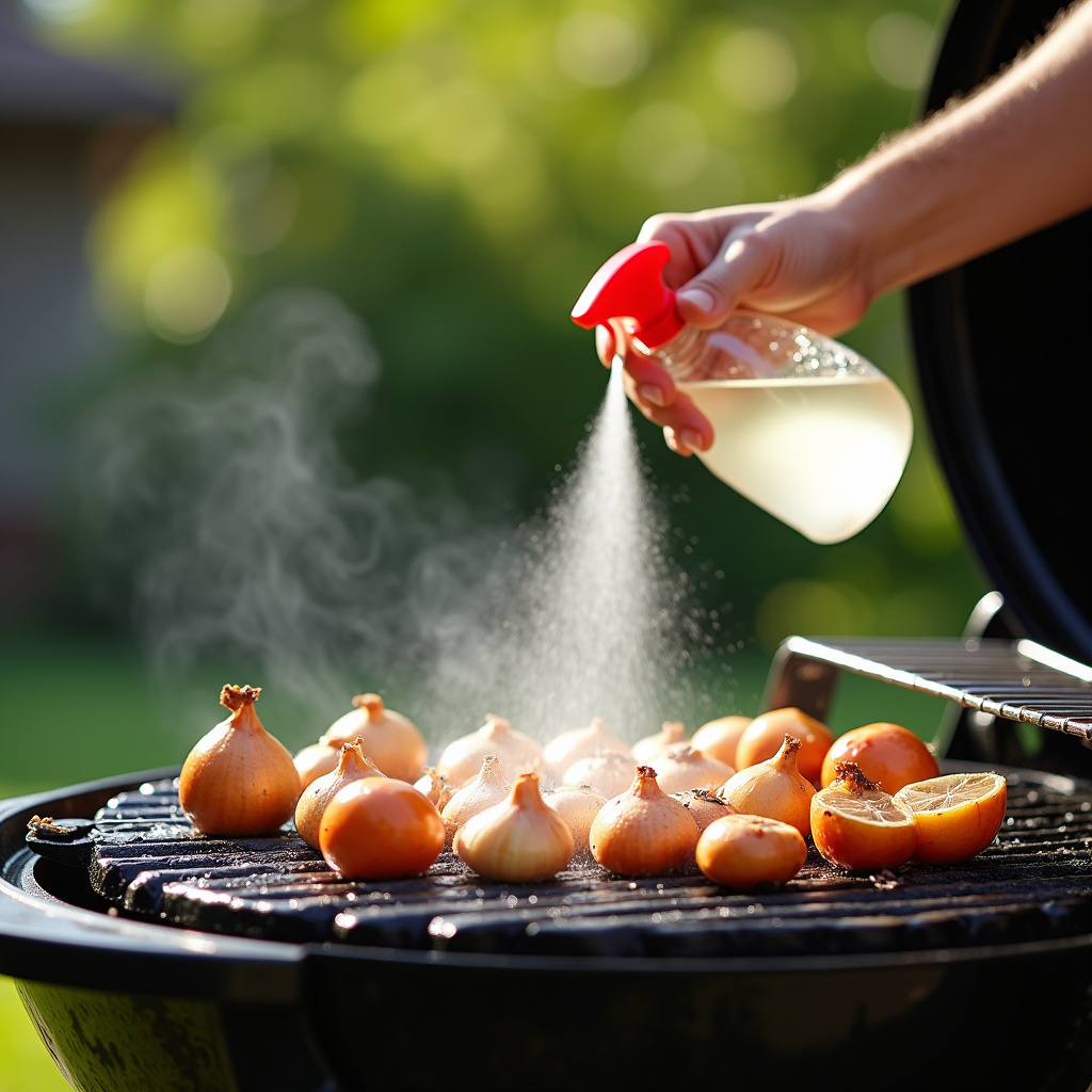 Spraying vinegar on BBQ grill before onion cleaning, backyard, sunny day, lifestyle photography, 8K Vinagre na grelha: amolecendo a sujeira para a cebola agir.
