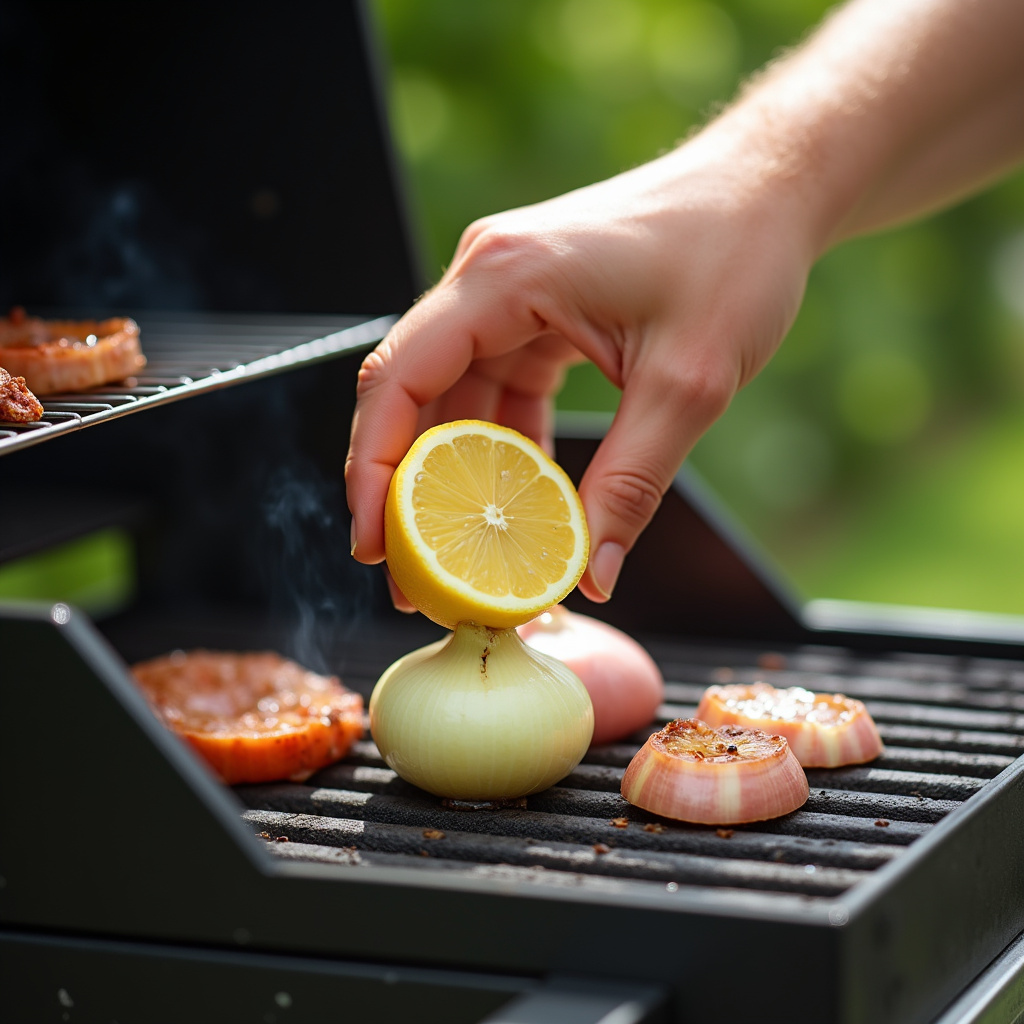 Squeezing lemon on onion for BBQ grill cleaning, close-up, backyard, sunny day, lifestyle Limão e cebola: frescor e limpeza na grelha.