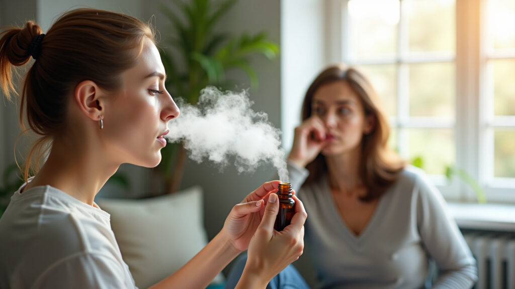 Steam inhalation with oregano oil, woman with sinus relief, cozy home, natural light, eucalyptus, Inalação com óleo de orégano para sinusite.